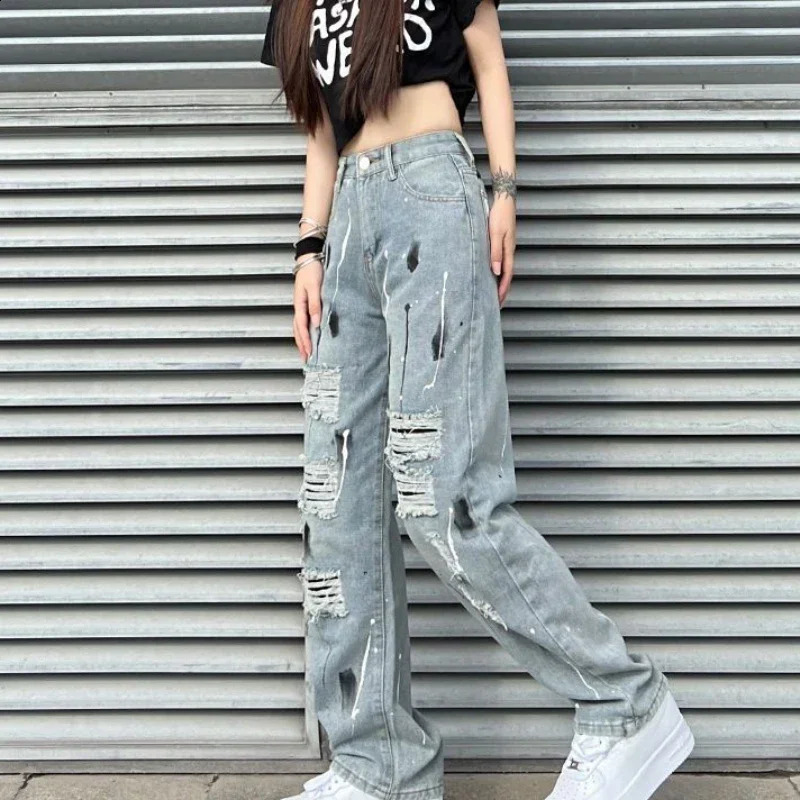 Torn with Holes Blue Pattern Graphic High Waist S Womens Jeans Ripped Straight Leg Pants for Women Pockets Print Trousers R Z 240821