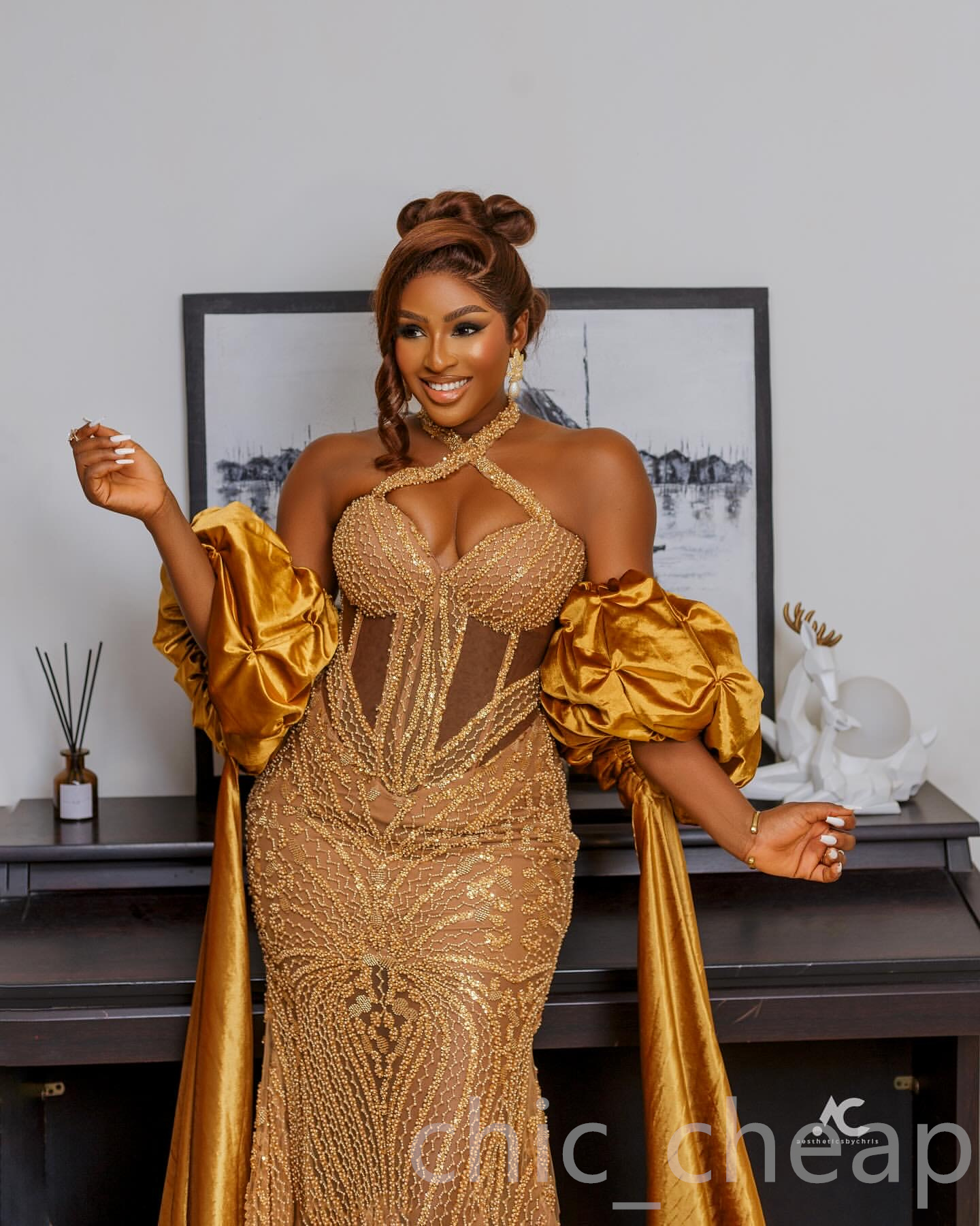 Gold Sequin Mermaid Aso Ebi Prom Dress 2025 | Illusion Lace Halter Evening Gown