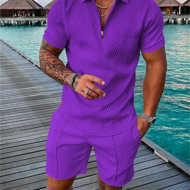 Mens Summer Solid Color Zipper Casual Lapel Short Sleeve Set 3D Retro Polo Shirt Street T-shirt Shorts Sports Two Piece Set 240820