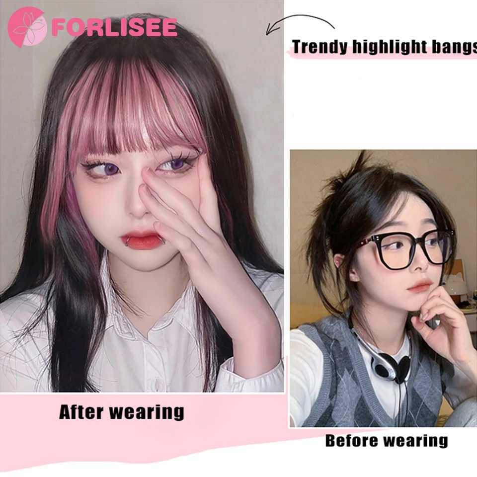 Forlisee synthetic 3D French bangs wig with natural seamless forehead invisible pink highlights top-notch hair stickers air bangs W240817