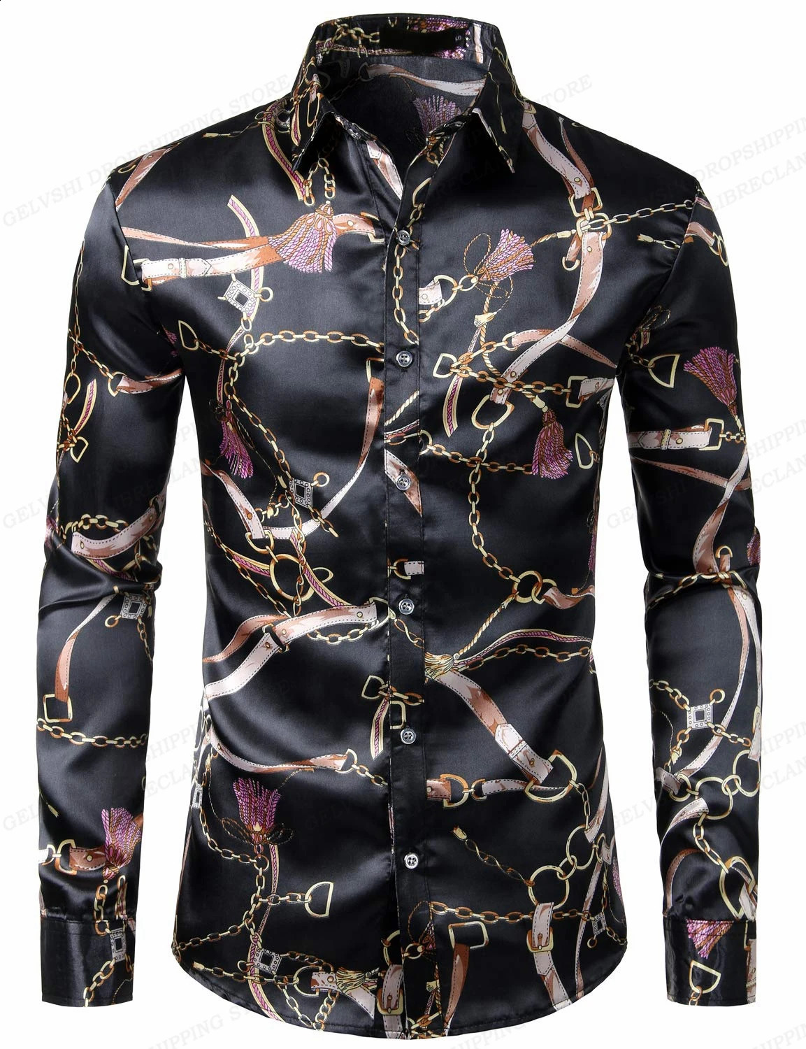 Golden Chain Hawaiian Shirt Butterfly 3D Printed Shirt Mens Fashion Shirt Long Sleeve Beach Shirt y Collar Shirt Mens Clothing 240821