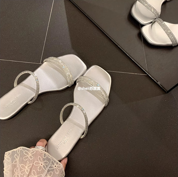 Ddmysports Same Style As Su Yinyin Silver Star Sparkle SR Square Eaded Water Diamond With Flat Bottom Women S Slippers For Summer Outwear OUTDOOR