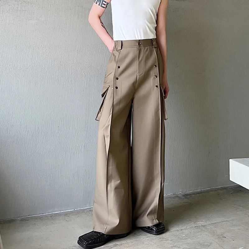 IEFB Mens Casual Wide Leg Trousers Korean Style High Waist Metal Piece Pocket Decoration Fashionable Pants 9A2104 240820
