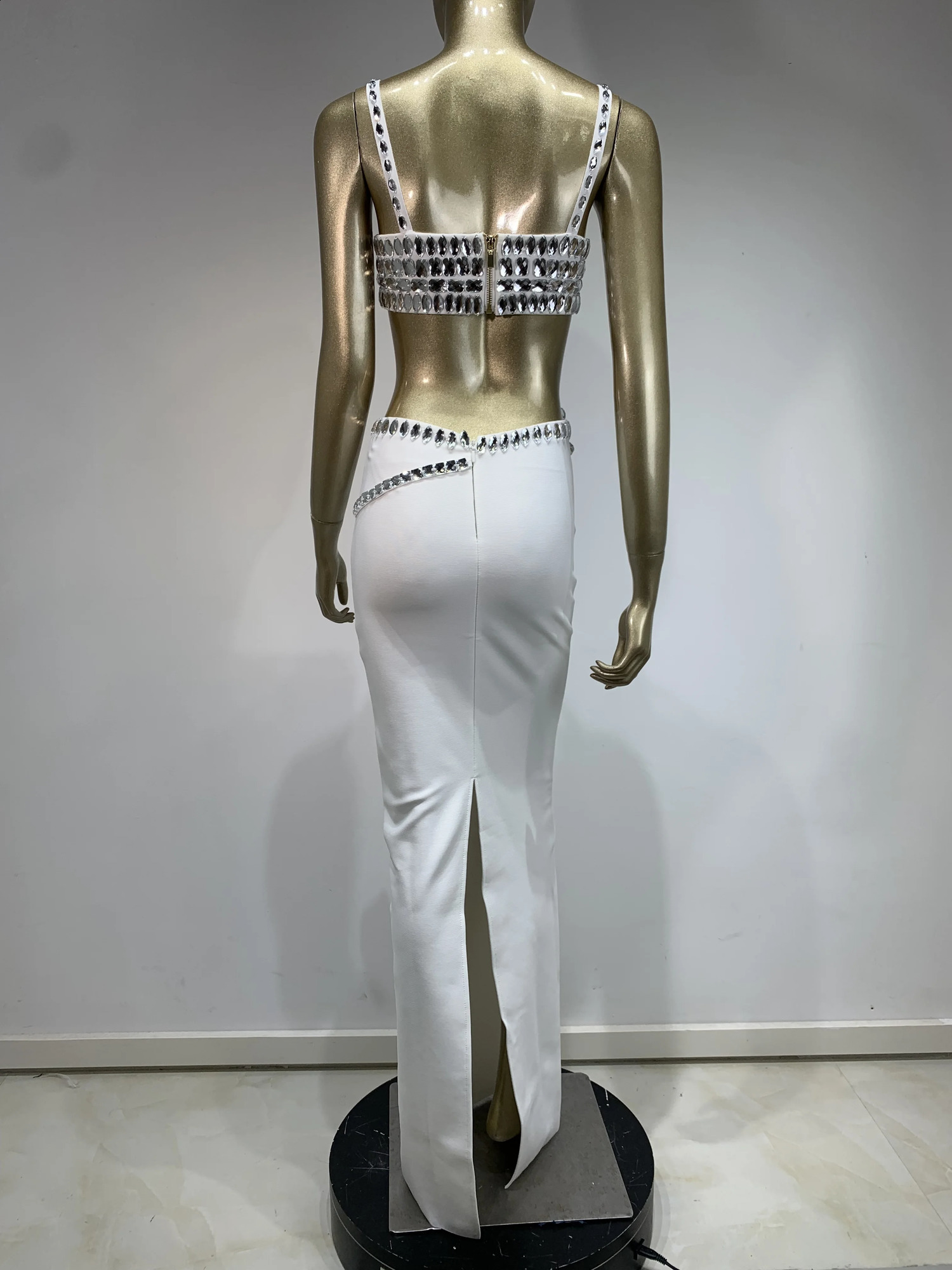 White Womens Sexy Square Neck Shining Crystal Hole Body Bandage Long Dress Celebrating Evening and Birthday 240820