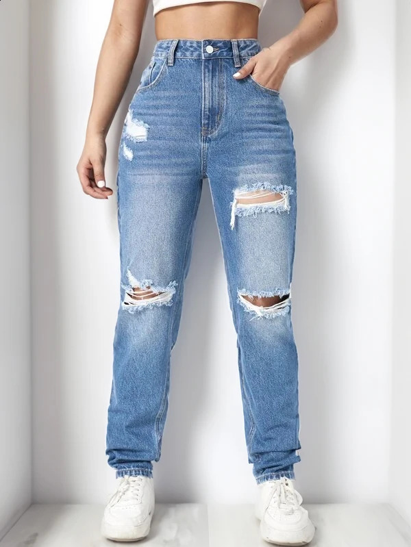 trendy womens ripped denim wide leg pants 240821