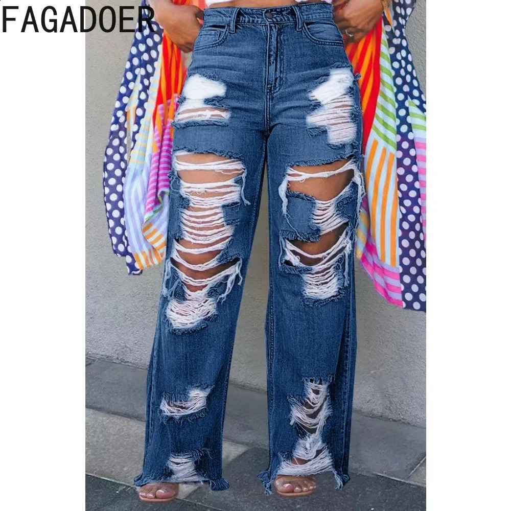 FAGADOER Fashion Hole Straight Jeans Pants Women High Waist Button Pocket Loose Denim Trousers Blue Casual Female Cowboy Bottoms 240821