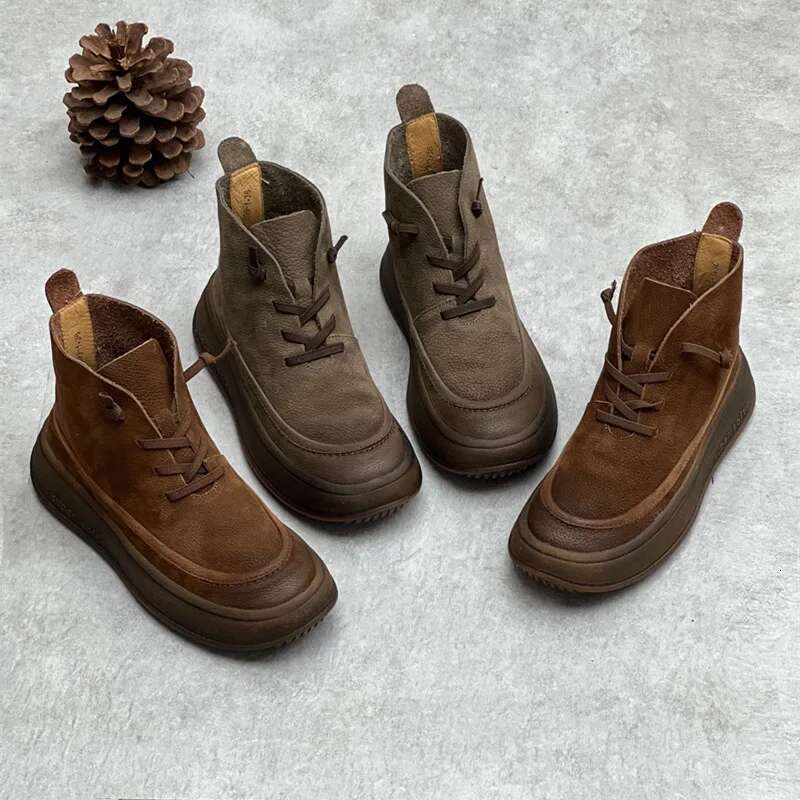 Platform Frosted Cow Vintage Women Leather Women's Shoes Thick Bottom Brown Ankle Boots Plush Warm Snow Boots