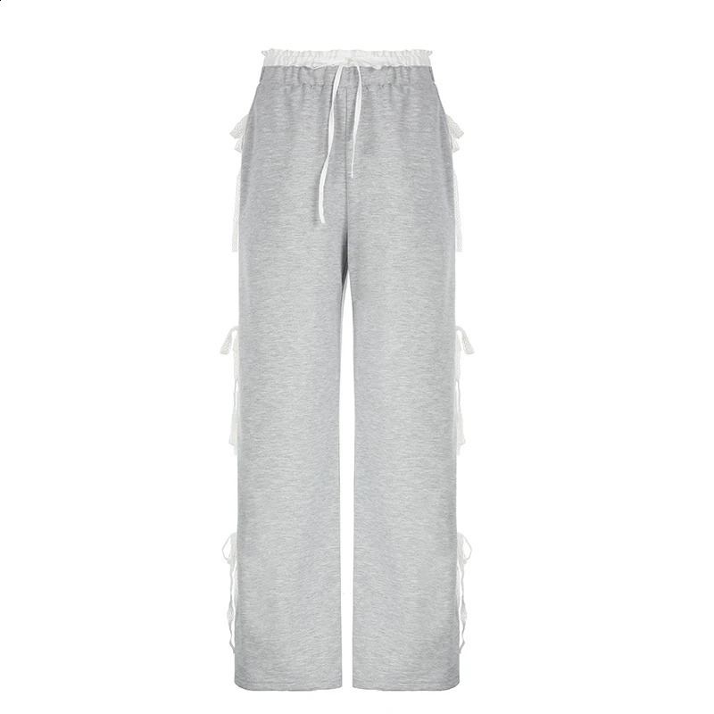 Darlingaga Casual Korean Fashion Autumn Sweatpants Women Lace Spliced TieUp Bow Straight Sweet Trousers Pants Prepyy Style 240821