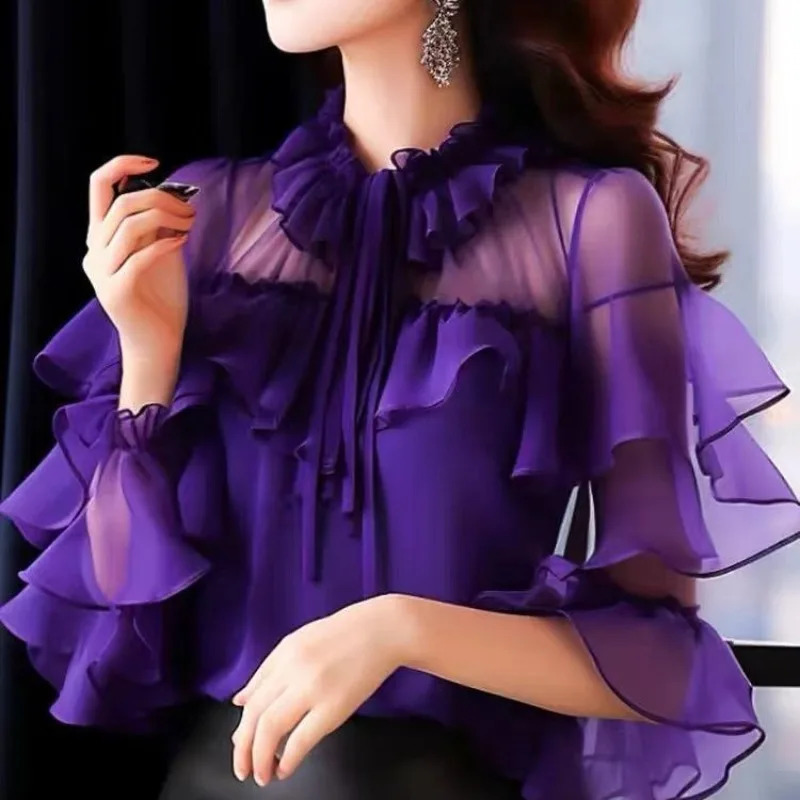 Fashion Ruched Round Neck Ruffles Women Solid Color Spring 2024 Gauze Drawstring Long Sleeve Slim Elegant Chiffon Shirt Tops 240820