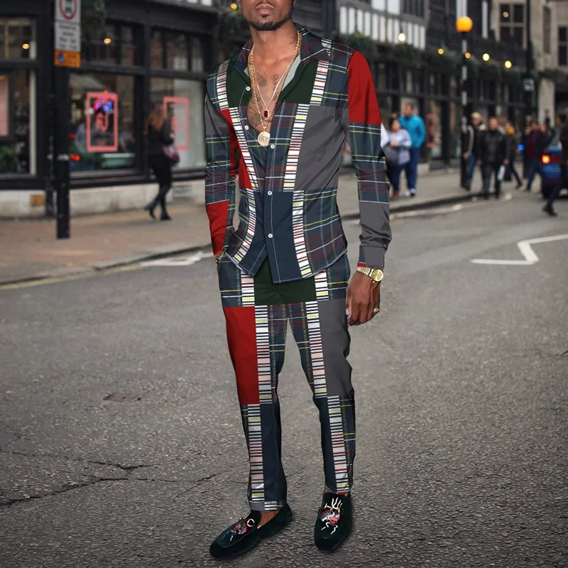Fashionable summer mens casual sportswear 3D printed striped patch mens lapel long sleeved shirt long pants two-piece clothing set 240827