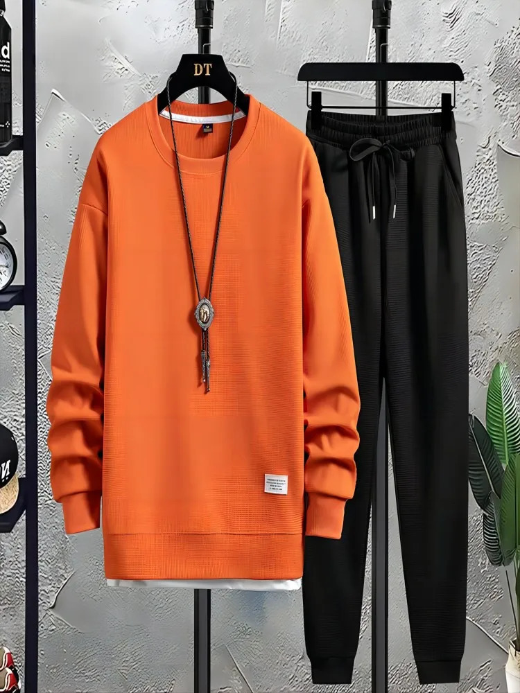 Mens casual suit long sleeved top and S-3XL pants high-quality solid color set 240827