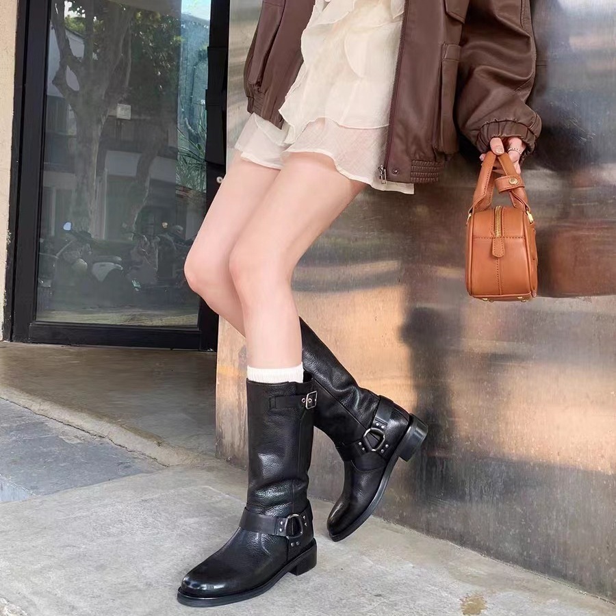 Ddmysports Grape Mom Loves France With The Same Style Cool Sa Plant Tanned Cowhide Belt Buckle Middle Barrel Knight Boots Girl Autumn And Winter OUTDO