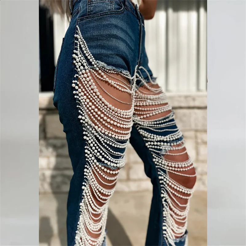 Fashion Beaded Chain Splice Straight Jeans Women Large Broken Holes Hollow Out Denim Pants Female Trousers Trend Streetwear 240821