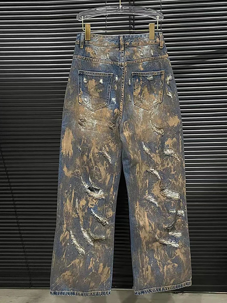 DEAT Womens Jeans High Waist Paint Distressed Broken Holes Straight Wide Leg Female Loose Denim Pants Summer Fashion 240820