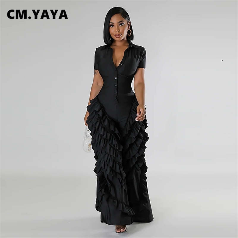 CM.YAYA Fashion Women Mult Ruffles Short Sleeve Zipper Fly Wide Leg Shirt Jumpsuit 2024 Streetwear Romper One Piece Set Playsuit 240820