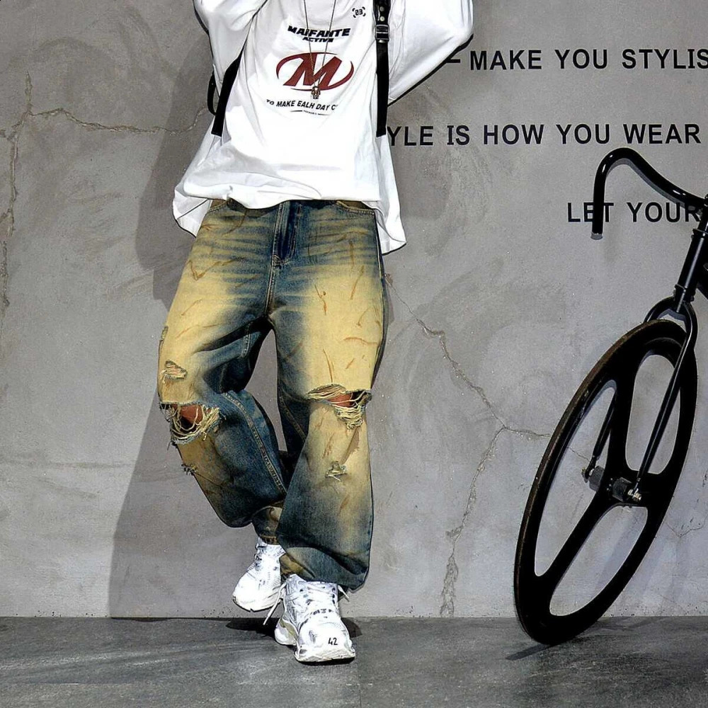 Japanese Streetwear Ripped Baggy Jeans For Mens Clothing Hip Hop Vintage Denim Trousers Korean Fashion Distressed Pants Male 240821