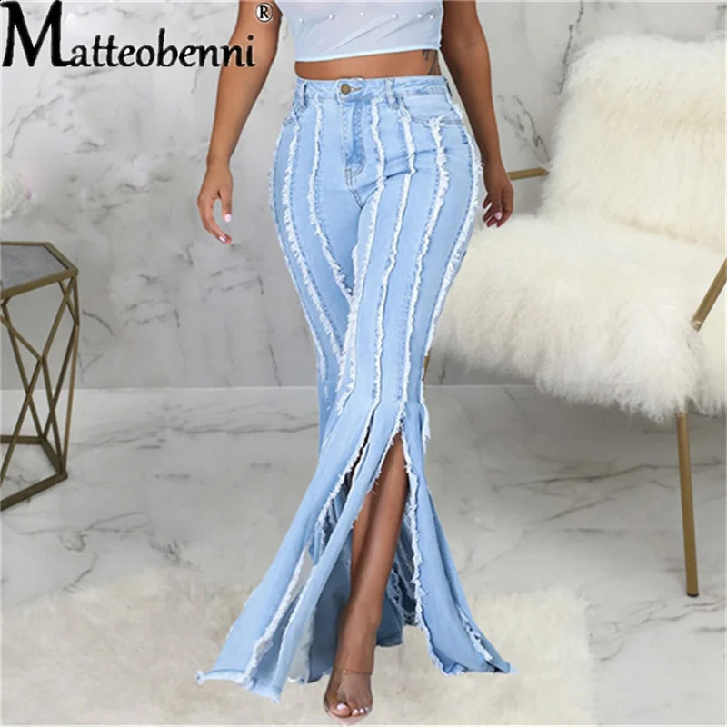 Women Flare High Waist Fringe Hole Denim Skinny Pants Ladies Stretch Female Wide Leg Jeans Bell Bottoms Clothes Z260313