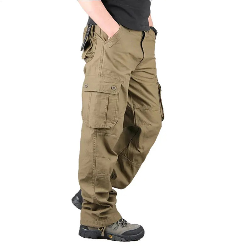 Mens cargo pants cotton casual multi pocket military tactical mens loose straight elastic size 2944 240821