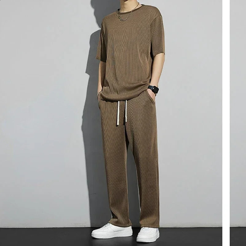 T Shirt Man No Sports Suits Grey Sweatshirt Smooth Mens Clothing Plain Top Tracksuit Pants Sets 5xl Elastic Matching Basic 240821
