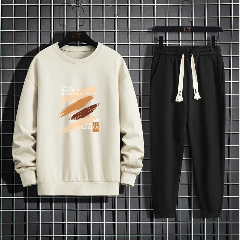 Spring/Summer Mens Casual Set American Round Neck Long Sleeve Loose Sweatshirt Two Piece Casual Sweatpants Set 240827