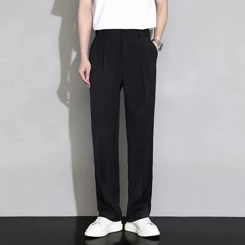 Summer Thin Ice Silk Suit Pants For Men Elastic Waist Wide Leg Straight Trousers Korean Cool Breath Casual Pant Streetwear 240820