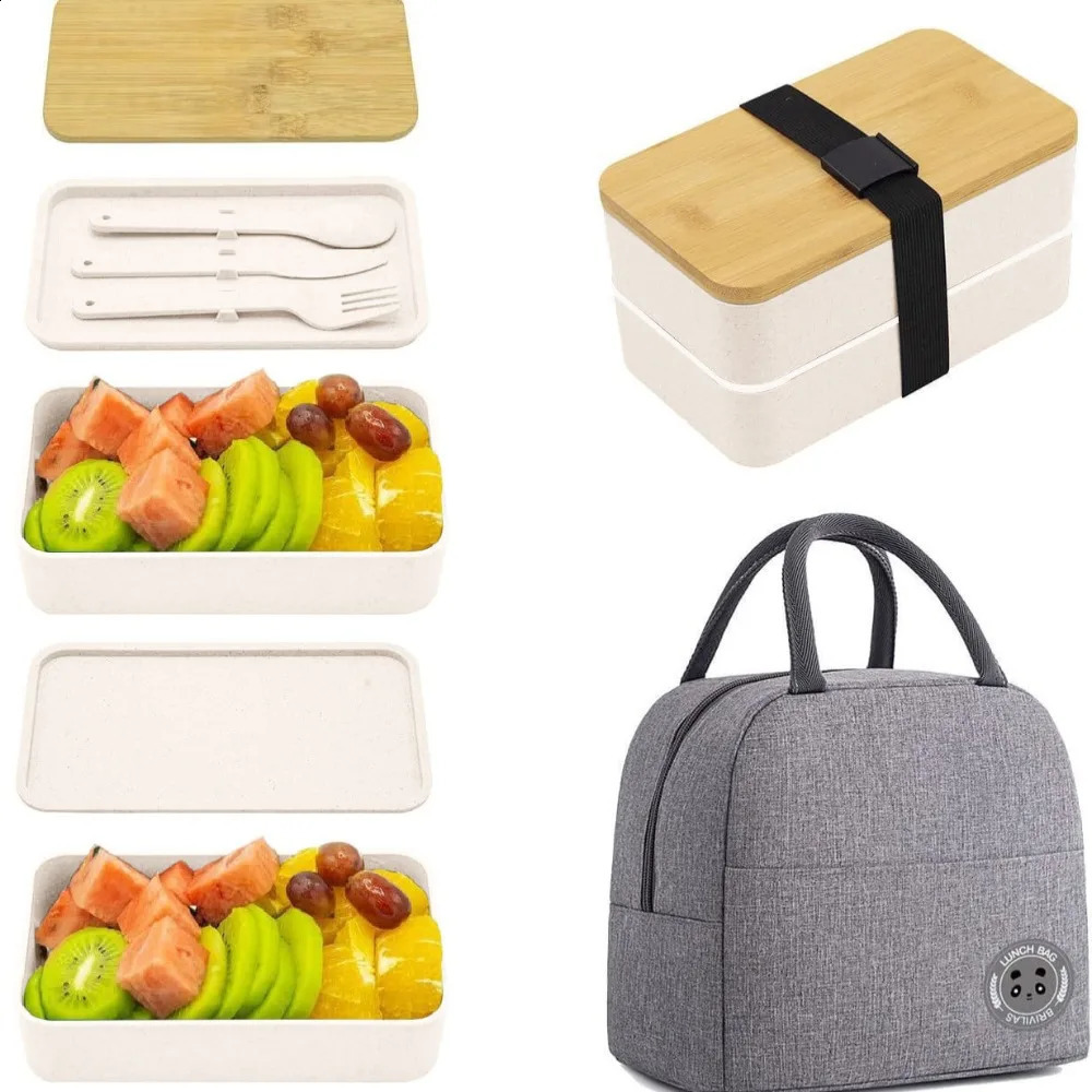1200ML Divided Lunch Box Picnic Microwave Wooden Cover Japanese Bento Box Portable Double Layer Food Container For Kids 240821
