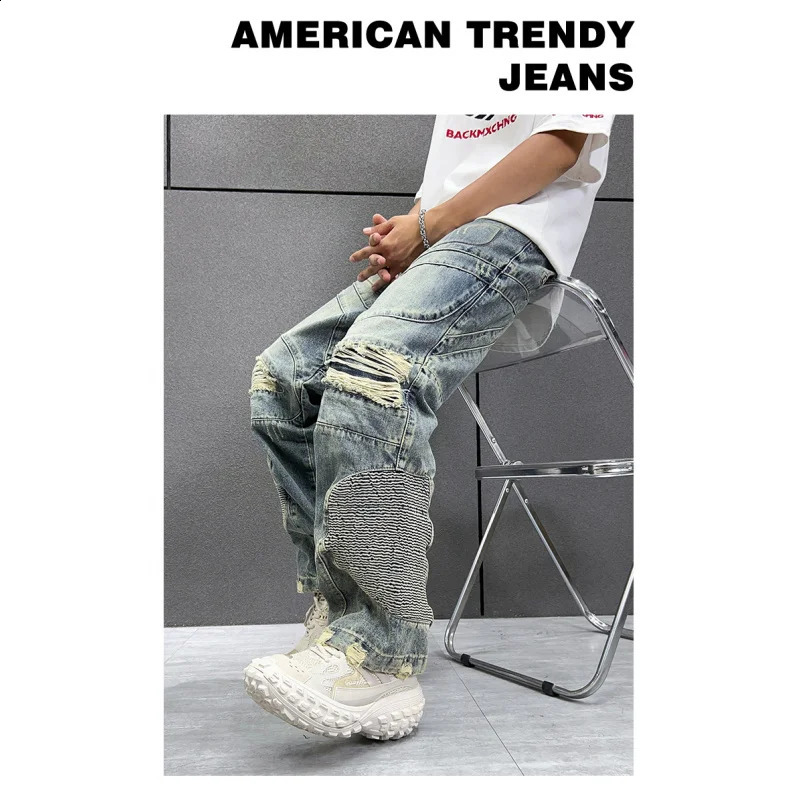 Personalized fashion 3D printing pattern Street beat high-end retro hole mens jeans openwork zipper casual pants wide-legged 240821
