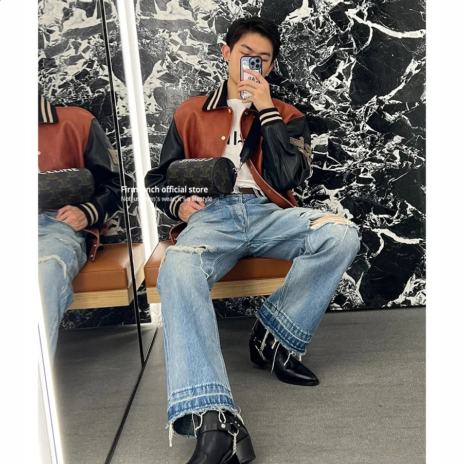 Firmranch Top Wash Blue Ripped Jeans For Men Women Straight Denim Pants Cats Whisker Streetwear Trousers 240821