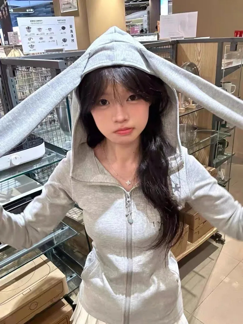 Japanese Kawaii Rabbit Ear Zipper Long Sleeve Hoodie Womens Ultra Thin Waist Y2k Chic Grey Sweet Sudadera Mujer 240821