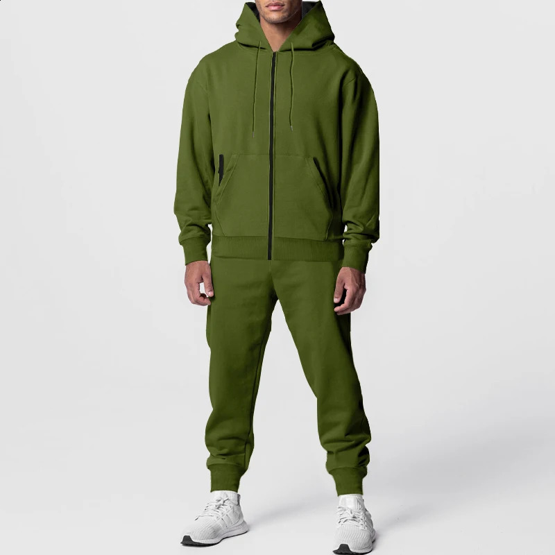 Autumn Mens Suit Plus Fleece Solid Color Double Pocket Slim Hoodie Pants Sports Suit Casual Fashion Mens Clothing 240821