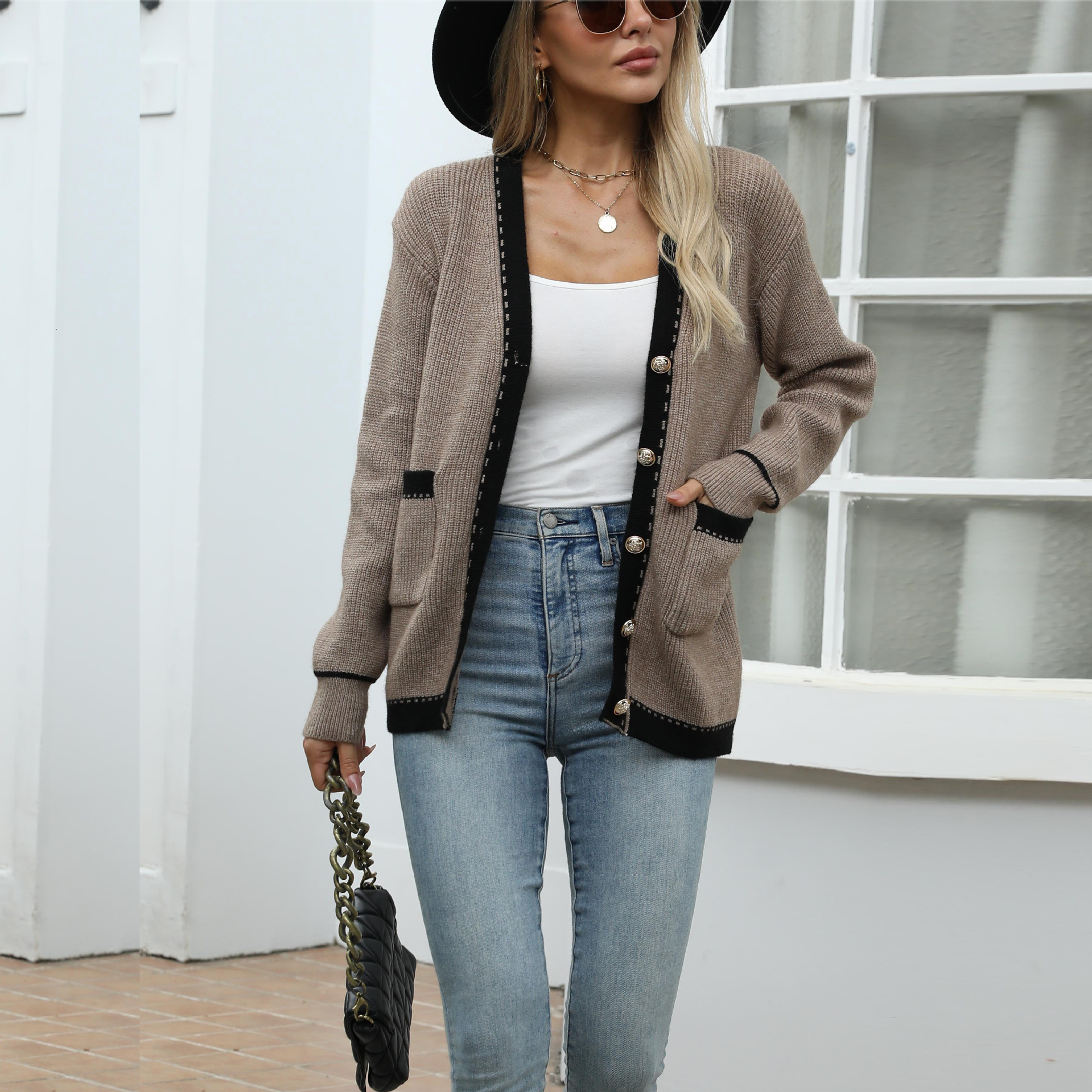 Knitted sweater women's 2024 autumn and winter new product lazy style fashionable casual knitted long sleeved cardigan jacket