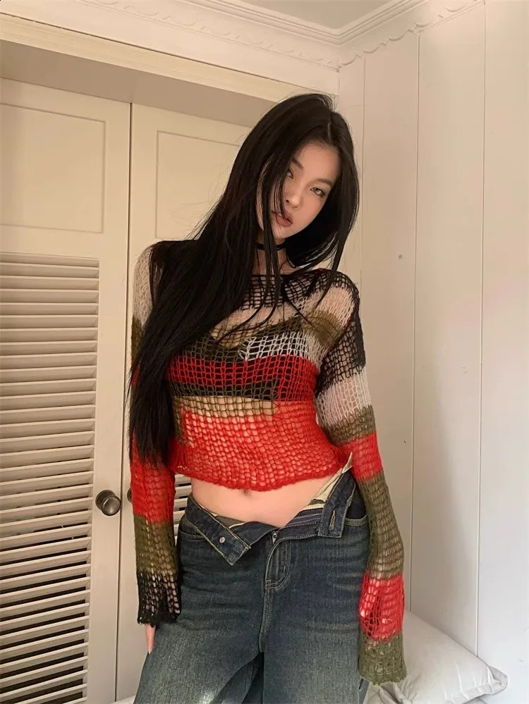 American style hollow knitted sweater item backless loose zipper Y2k womens long sleeved striped top 240821