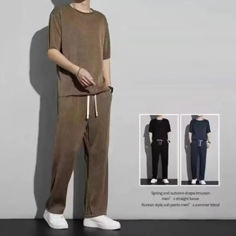 Men Sports Suit Mens Summer Casual Outfit O-neck Short Sleeve T-shirt Wide Leg Long Pants Set Elastic Drawstring Waist Solid 240821