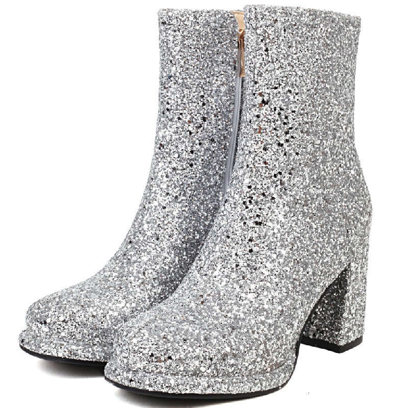 Sequined Women Ankle Boots Gold Sier Block Heels Short Boot Female Zipper Autumn Winter Party Shoes Ladies Large Size
