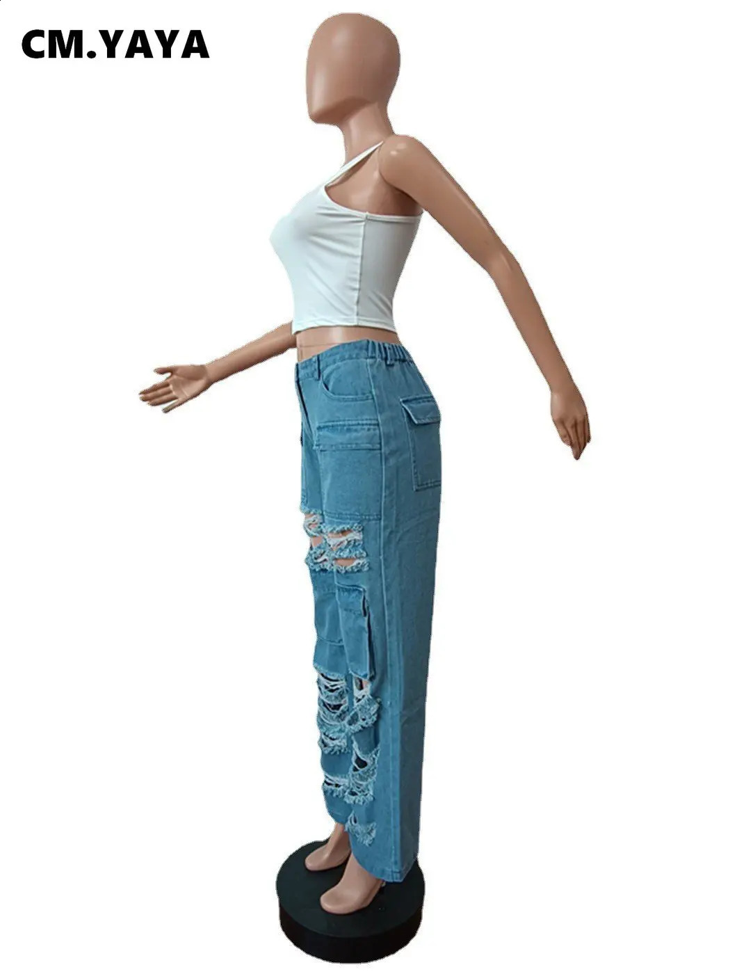 CM.YAYA Fashion Women Dripped Hollow Out Pocket Front Zipper Fly Straight Jeans Pants Steet Safari Style Denim Trousers 240821