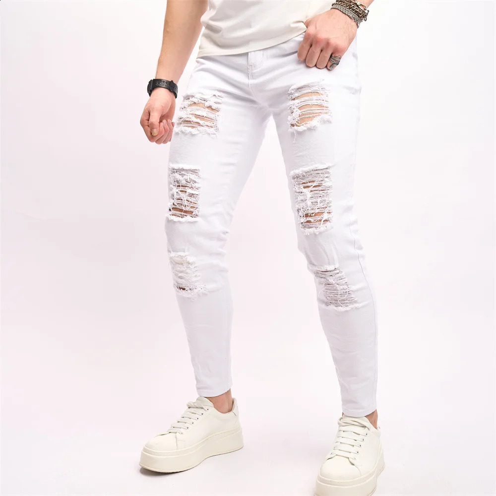 Stylish Holes Distressed Street Style Men Skinny Jeans Male Stretch Slim Trousers Solid Ripped Pencil Denim Pants 240821