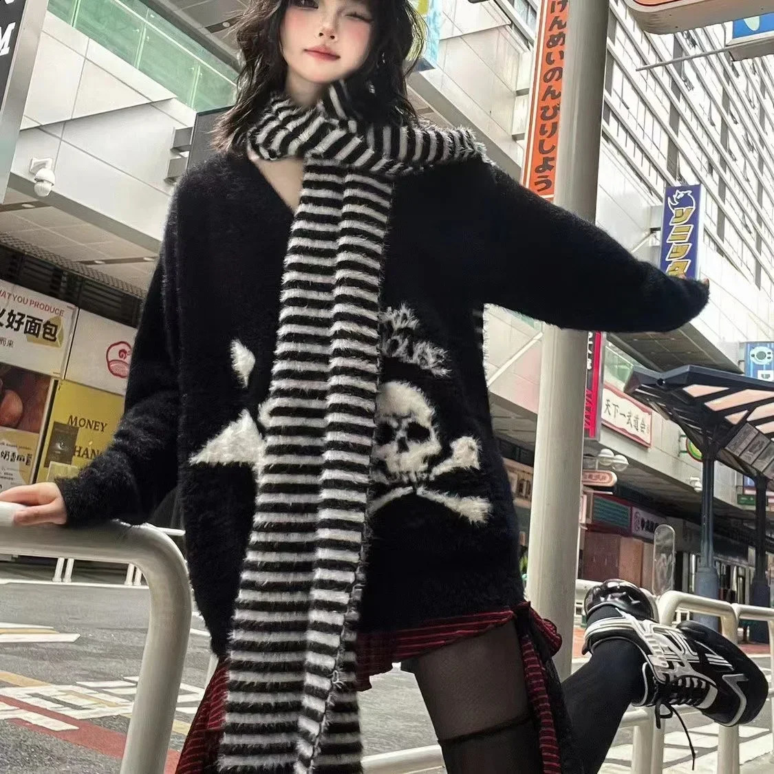 Black Gothic Skull Sweater Cyber Y2k Grunge Fairy Core Knitted Striped Scarf Punk Mohair Pullover Womens Emo Alt Jumper 240821