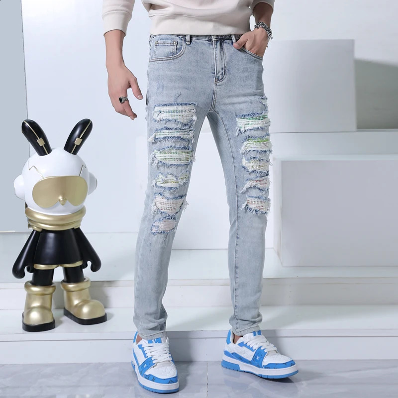 Trendy Versatile Ripped Pants Mens Jeans Fashion Street Korean Style Tight Stretch Soft and Comfortable Casual Pants 240821