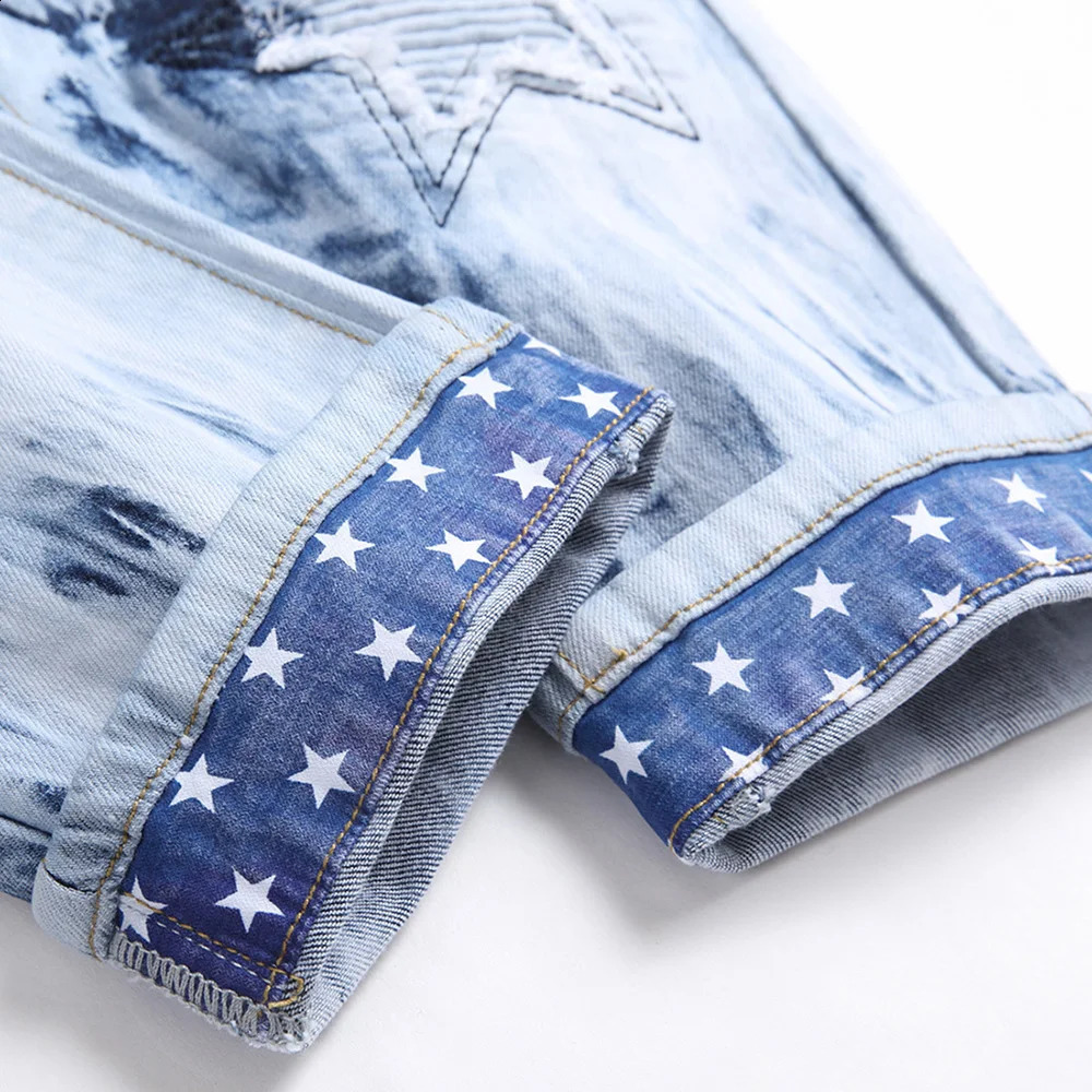 Men Pleated Stars Patch Jeans Tie and Dye Stretch Denim Pants Streetwear Printed Hem Slim Straight Trousers 240821