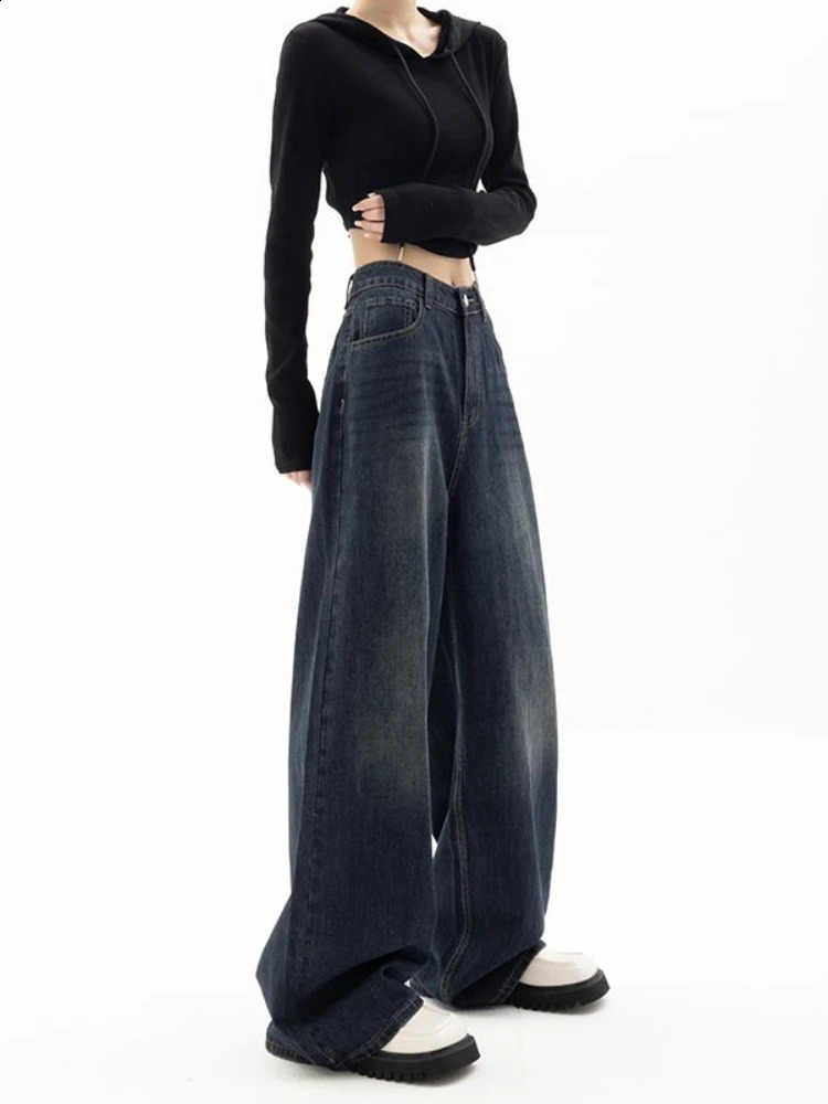 HOUZHOU Vintage Women Wide Leg Jeans Harajuku Baggy Denim Trousers Oversized Grunge Streetwear Y2k Autumn Pants Korean Fashion 240821