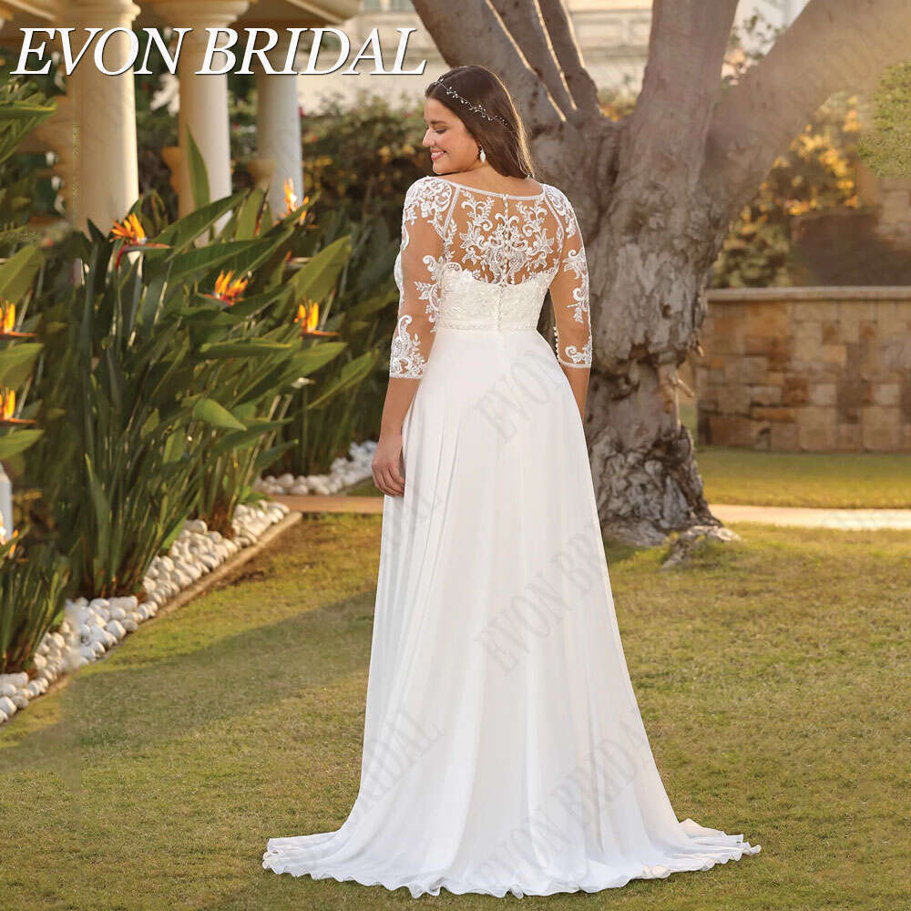 EVON BRIDAL Civil 3/4 Sleeves Wedding Dress Plus Size V-Neck Chiffon Applique Bride Gown Vestido De Novia A-e Button Back