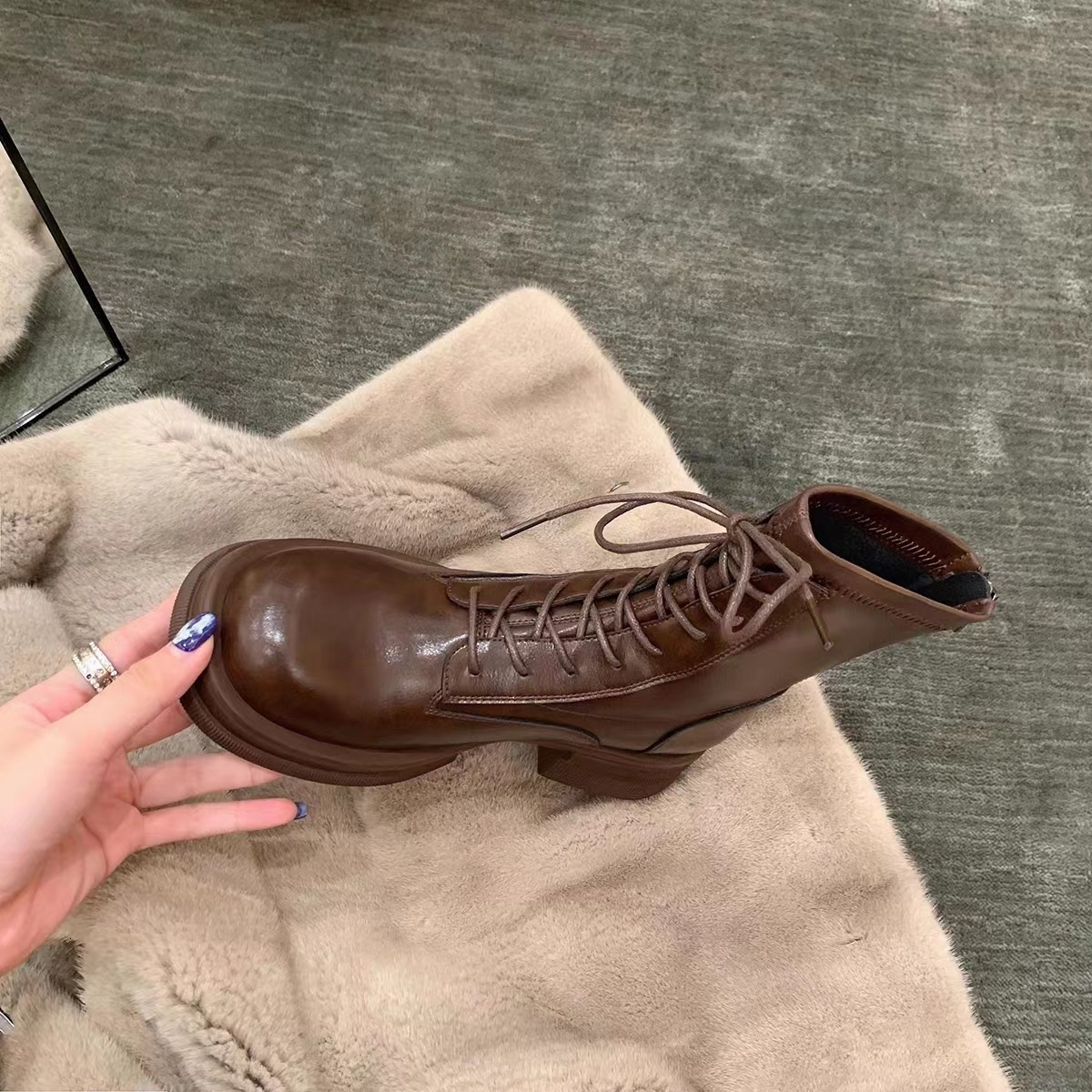Ddmysports Grape Mom S Autumn Winter New Round Ead Look Skinny Thick Eel Eight Boosting Strap Up Martin Short Boots Women Genuine Leather OUTDOOR