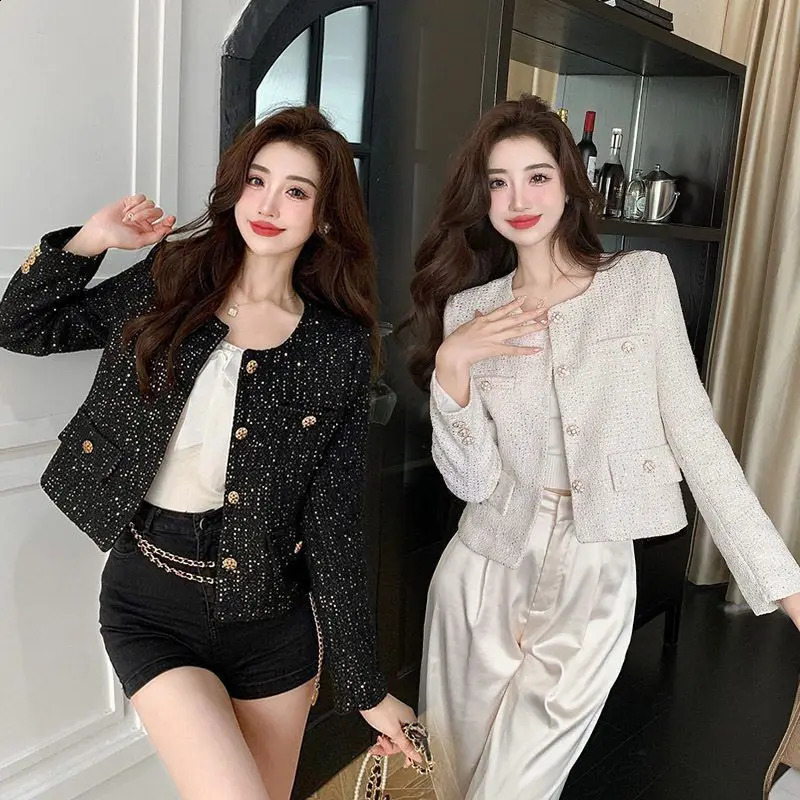 Short Jackets for Women Small Fragrance Spring Autumn Vintage Fashion Tweed Jacket O Neck Sequin Button Up Coats C31 240821