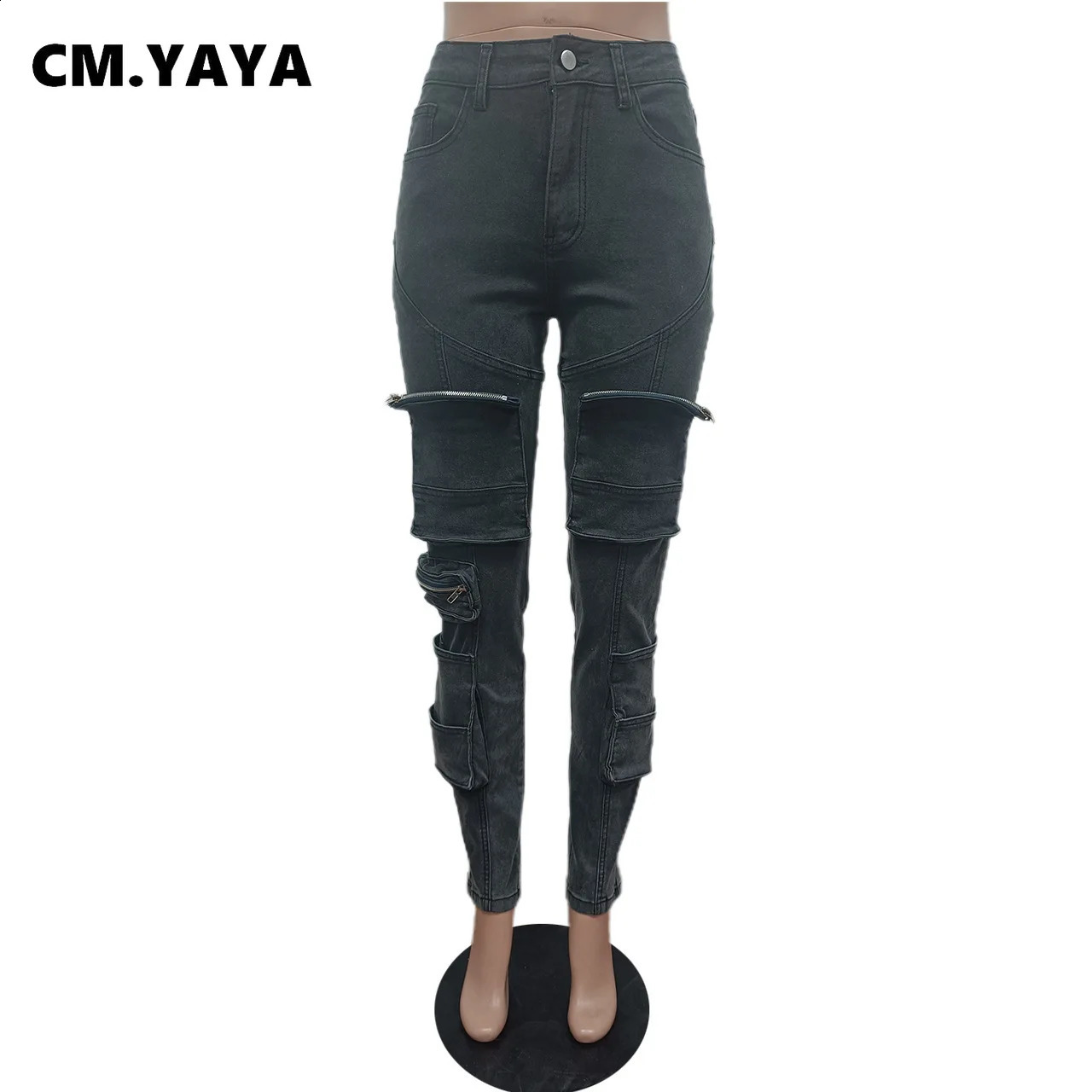 CM.YAYA Fashion Multi Pocket Front Zipper Fly Pencil Jeans Women Street Autumn Winter Denim Pants Trousers 240821
