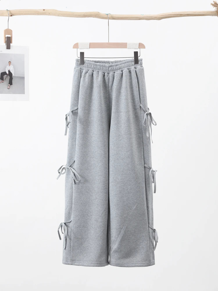 Bow Pants Women Casual Lace Up Elastic Waist Fashion Trousers Female Spring Solid Soft Loose Wide Legs Sweatpants Lady 240821