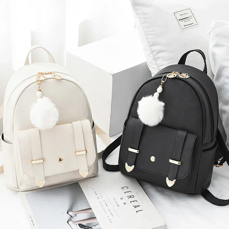 Womens Mini Backpack PU Leather Cute Graceful Bagpack Small School Bags for Girls with Ball Pendant 240821