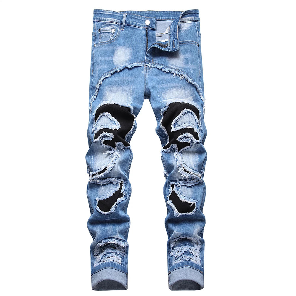 Men Patch Patchwork Stretch Denim Jeans Streetwear Ripped Slim Straight Pants Fringe Distressed Trousers Black Blue 240821