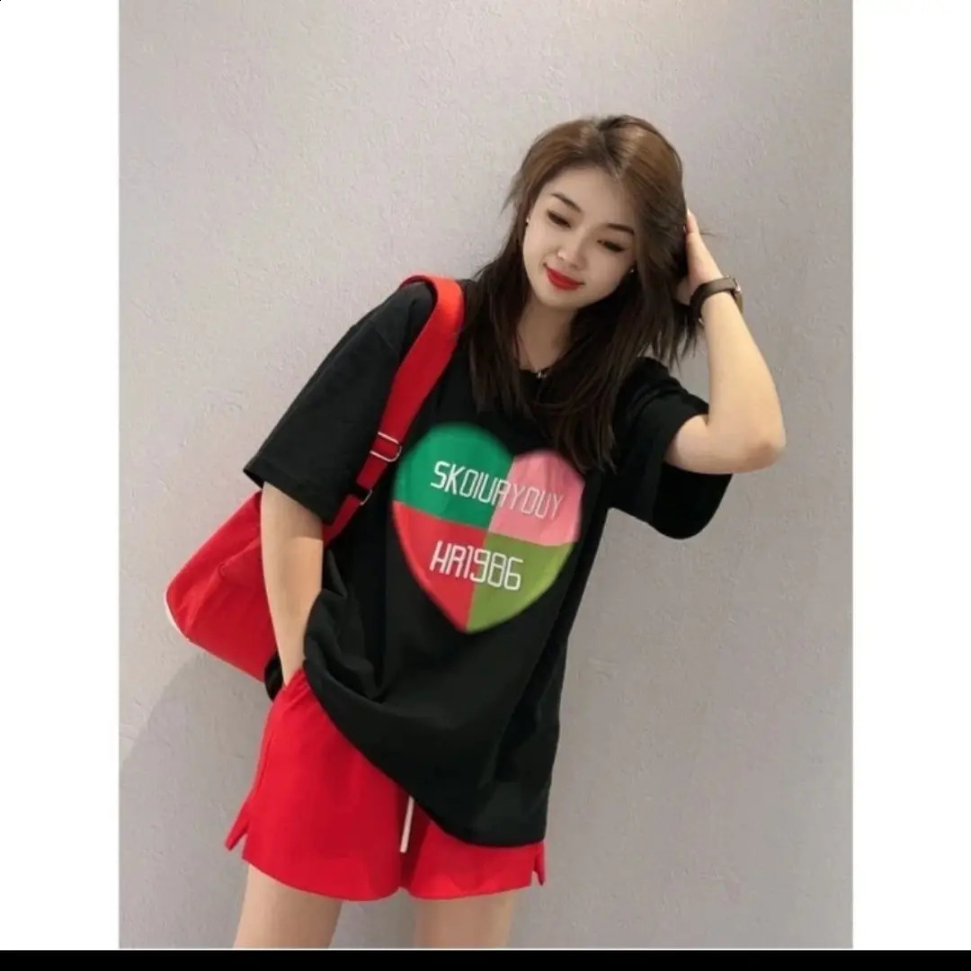 Cotton Casual Printing O-neck Short Sleeve T-Shirt Two-piece Suit Women Clothing All-match Loose Elastic Waist Matching Sets 240820