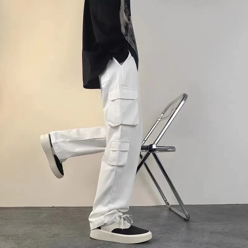 White cotton Japanese style loose fit high street straight leg wide mens casual pants multi pocket cargo 240821
