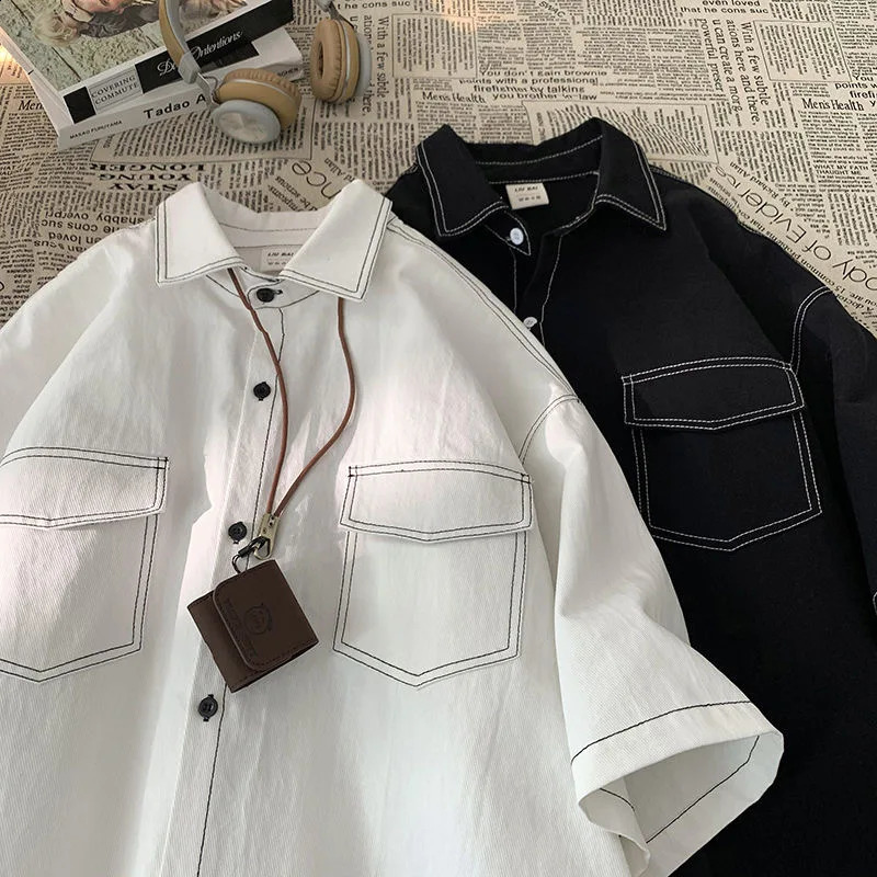 Japanese Vintage Short Sleeve Shirts for Men 2024 Pocket Printed Fashion Polo Neck Button Casual Men Clothing Tops 240821